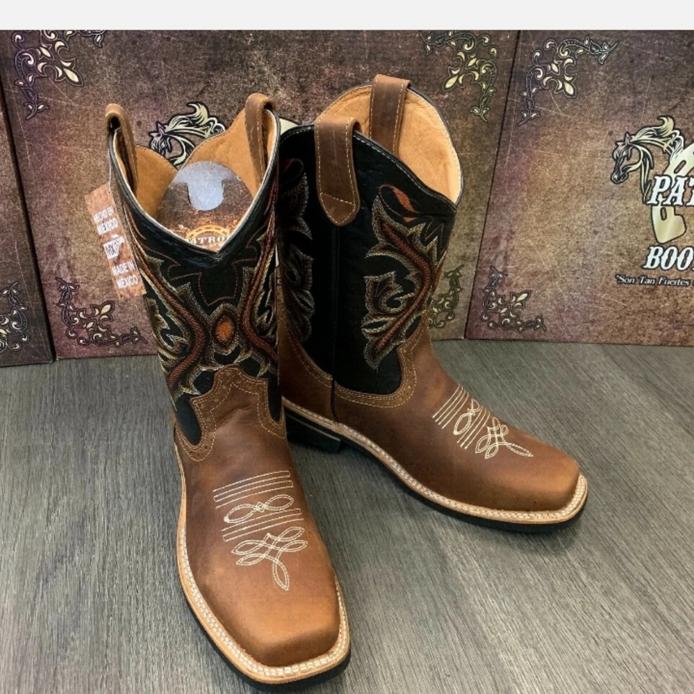 06 COWBOY BOOTS GENUINE LEATHER WESTERN SQUARE TOE BOTAS SADDLE WORK